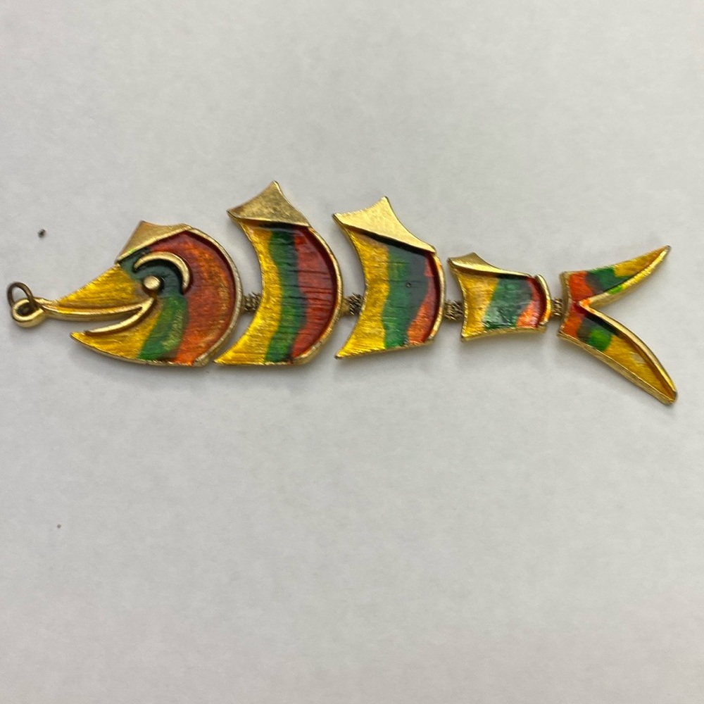 vintage 5" articulating joint colorful gold tone FISH FLAPPER NECKLACE